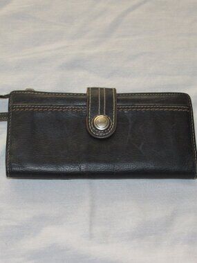 FOSSIL What Vintage Are You? Black Leather Long Bi Fold Wallet Boho Retro